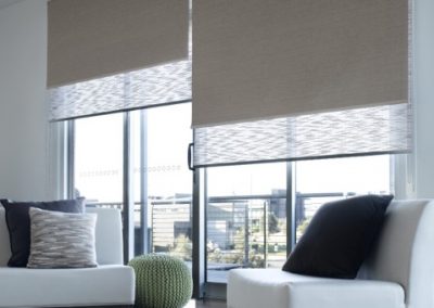 Modern living room with dual roller blinds in Cleveland, featuring light-filtering and blockout layers for style and privacy.